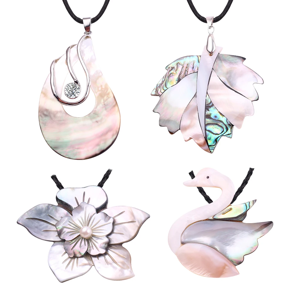 

Natural Pearl Shell Pendant Nacklaces Crystal Gift Two Chains For Women Leaf Flower Water Drop Swan Fashion Elegant Jewelry