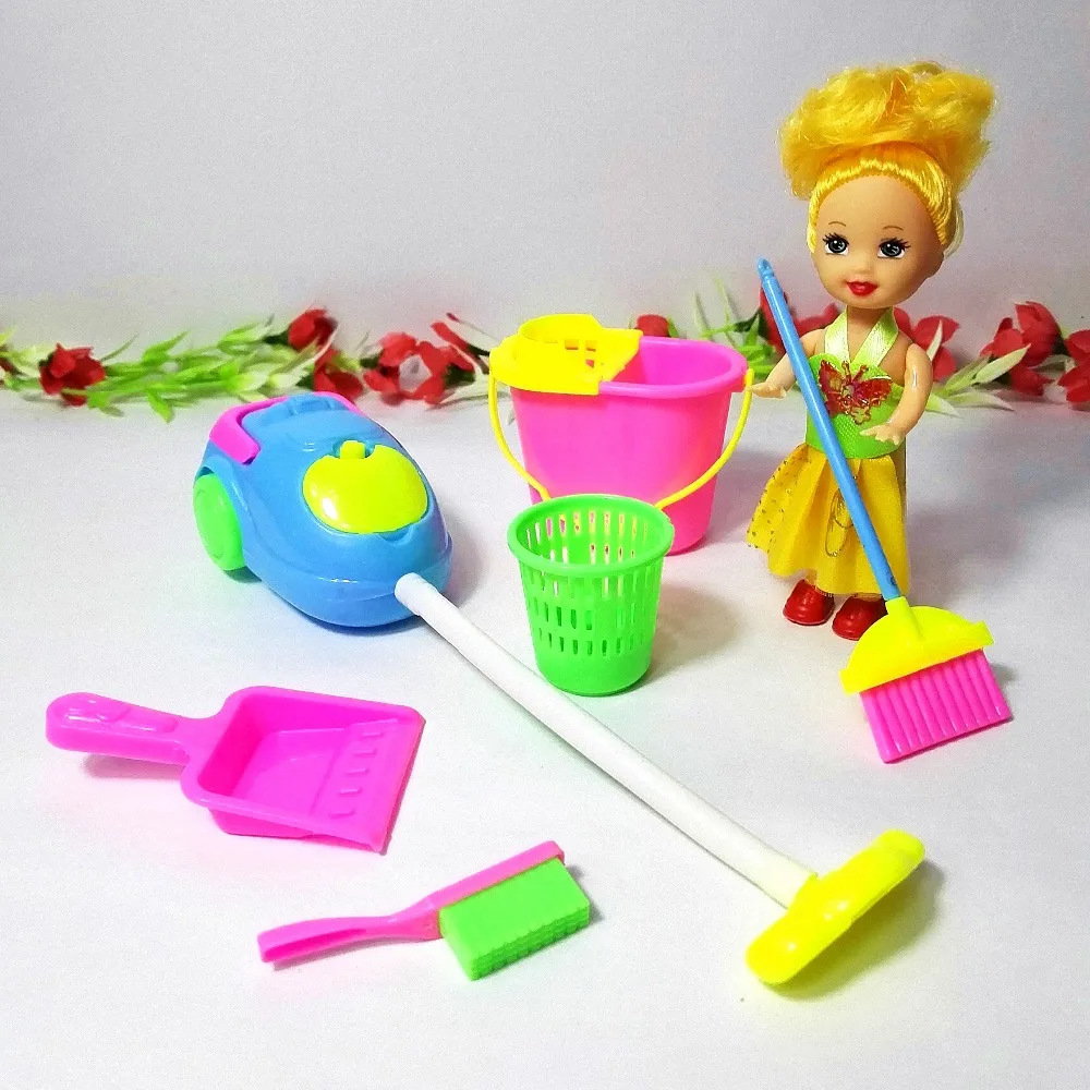 7 PCS/Lot Dolls Cleaning Kit 6 Items Doll Accessories + 1 Kelly Doll For Barbie Doll Household