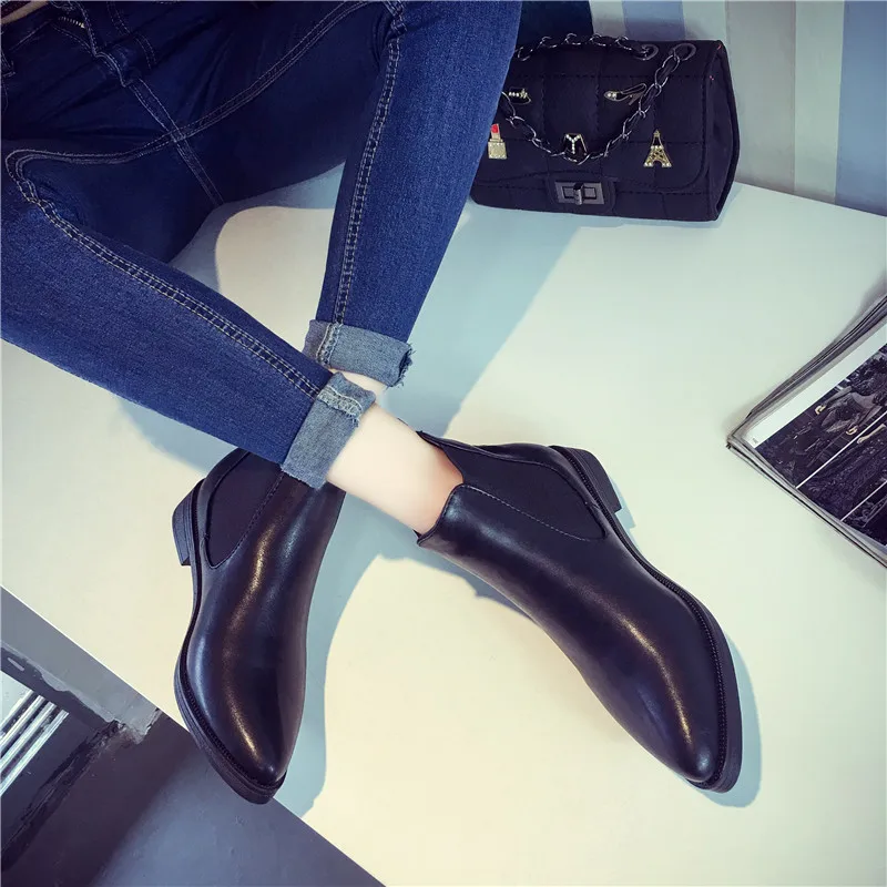 COOTELILI Women Ankle Boots Flat Heels Casual Shoes Woman Leather Boots For Girls Black pointed toe Chelsea Boots