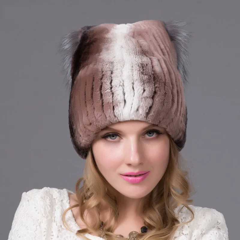 Зимняя женская меховая шапка с натуральным кроличьим мехом, шапка с подкладкой из меха серебристой лисы, бархатная вязаная шапка с хлопковой подкладкой, русская Кожаная Шапка THY-28