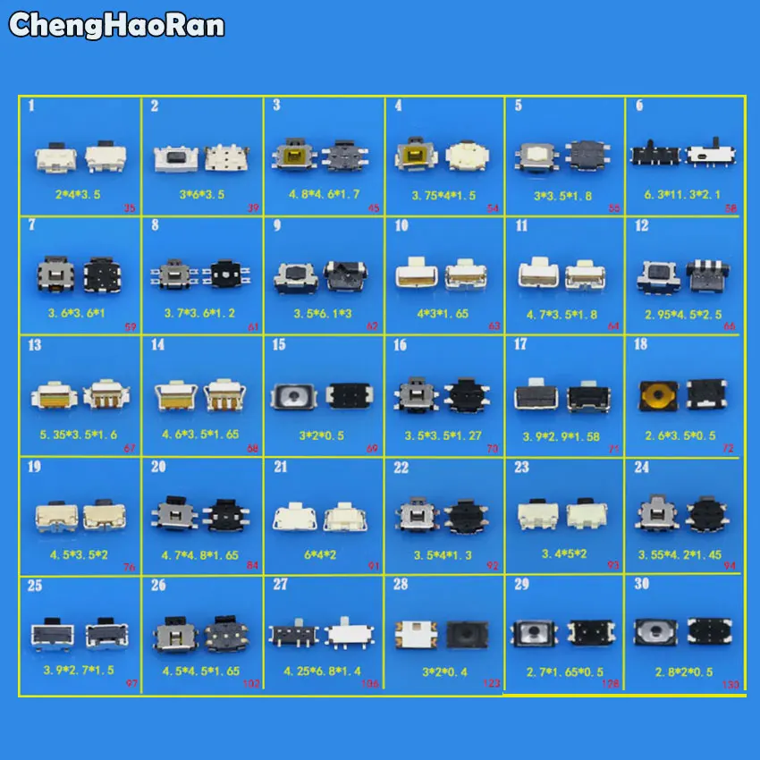Prezzo Promozionale Chenghaoran! 30 Modelli Tact Tattile Interruttore A Pulsante Smd Assortimento Kit Set Per Iphone 4 4S 5 5C Per Samsung