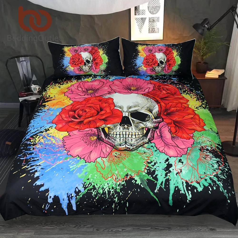 Online Conjunto de edredón de calavera Floral con estampado de flores unids, Juego de 3 piezas, ropa de cama de flores, ropa de cama de colores góticos para el hogar