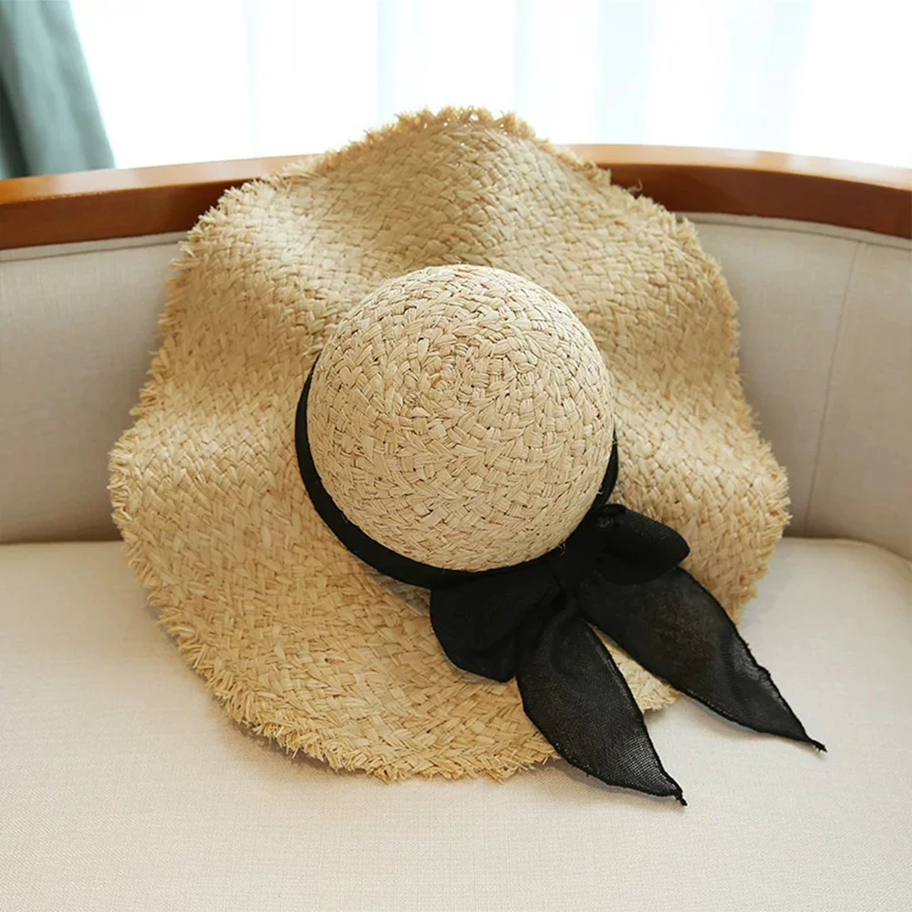 Женская летняя шляпа с ленточным бантом, волнистые соломенные шляпы из рафии для женщин, высокое качество, плоская вершина, женская шляпа с широкими полями, пляжные шляпы от солнца