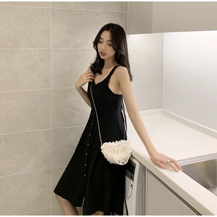 Новые летние корейское стильное платье модное с лямками без рукавов пуговицы в один ряд с ремешком сзади с открытой спиной и бантом одноцветное Цвет платье Женский