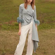 Long Sleeves Women Shirt Round Neck Female Blouse New Elegant Top Party Club shirt Blouse Women Clothes grey round neck flared sleeves blouse