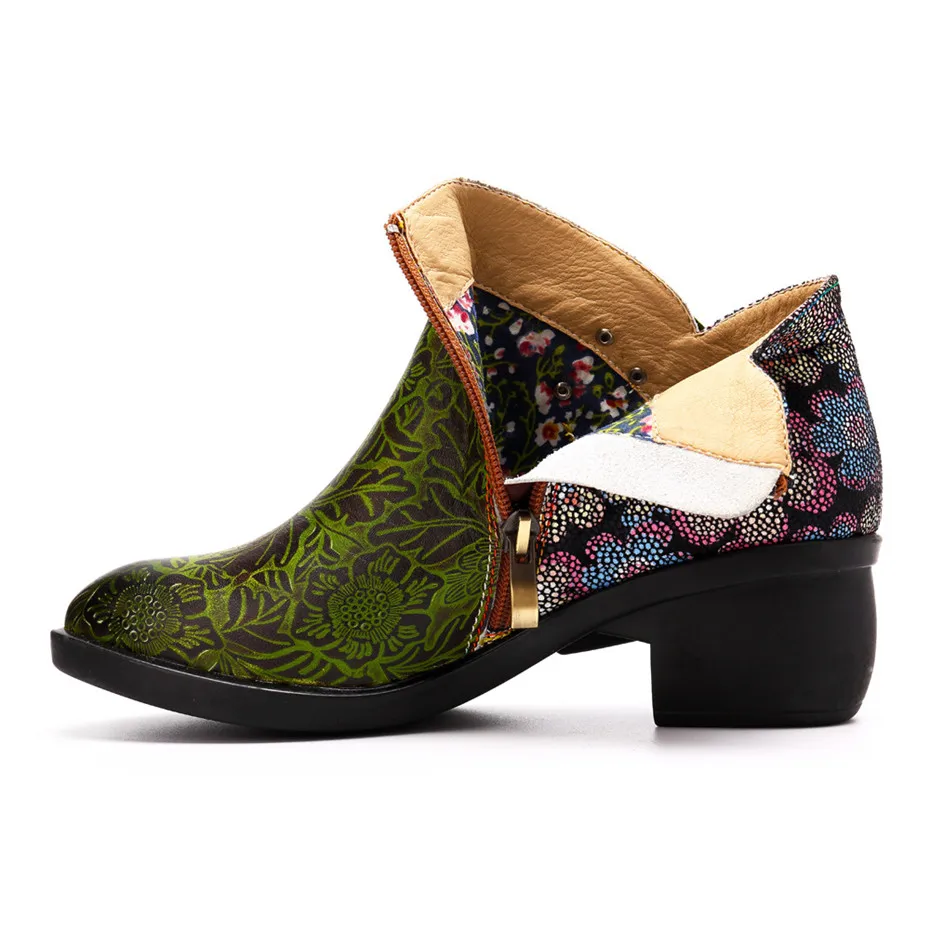 Mixed Color Print Genuine Leather Boots Women Shoes Handmade Flower Zipper Ankle Boots Spring Autumn Vintage Floral Female Botas (2)