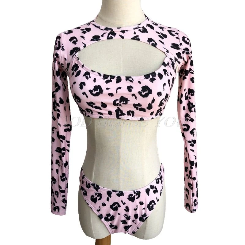 

Swimwear women sexy Pink leopard grain Three-Piece Bikini Set Long Sleeve Crop Top Halter Bra Low Waist Thong bikini 2019