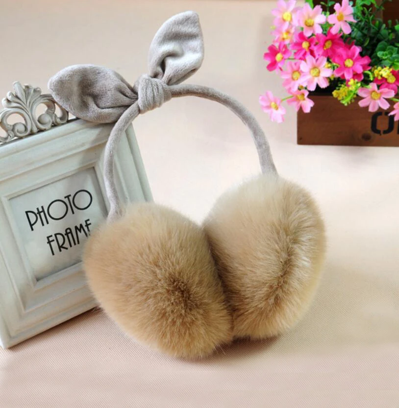 New winter faux rabbit fur bow earmuffs,Girls cute plush fluffy ear
