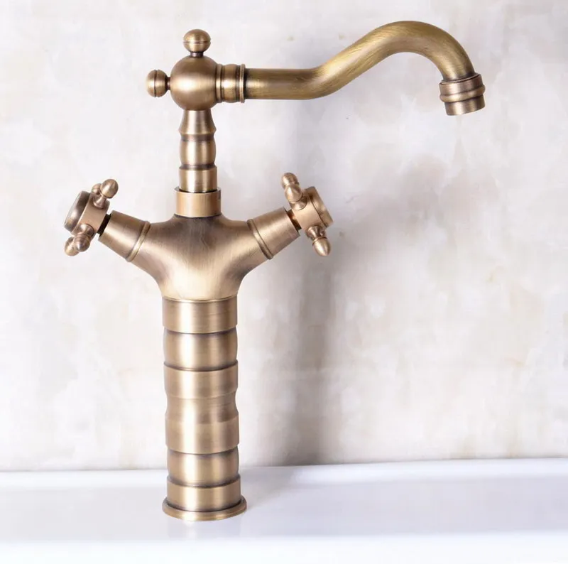 Vintage Retro Antique Brass Dual Cross Handles Bathroom Kitchen Basin Sink Faucet Mixer Tap Swivel Spout Deck Mounted mnf246