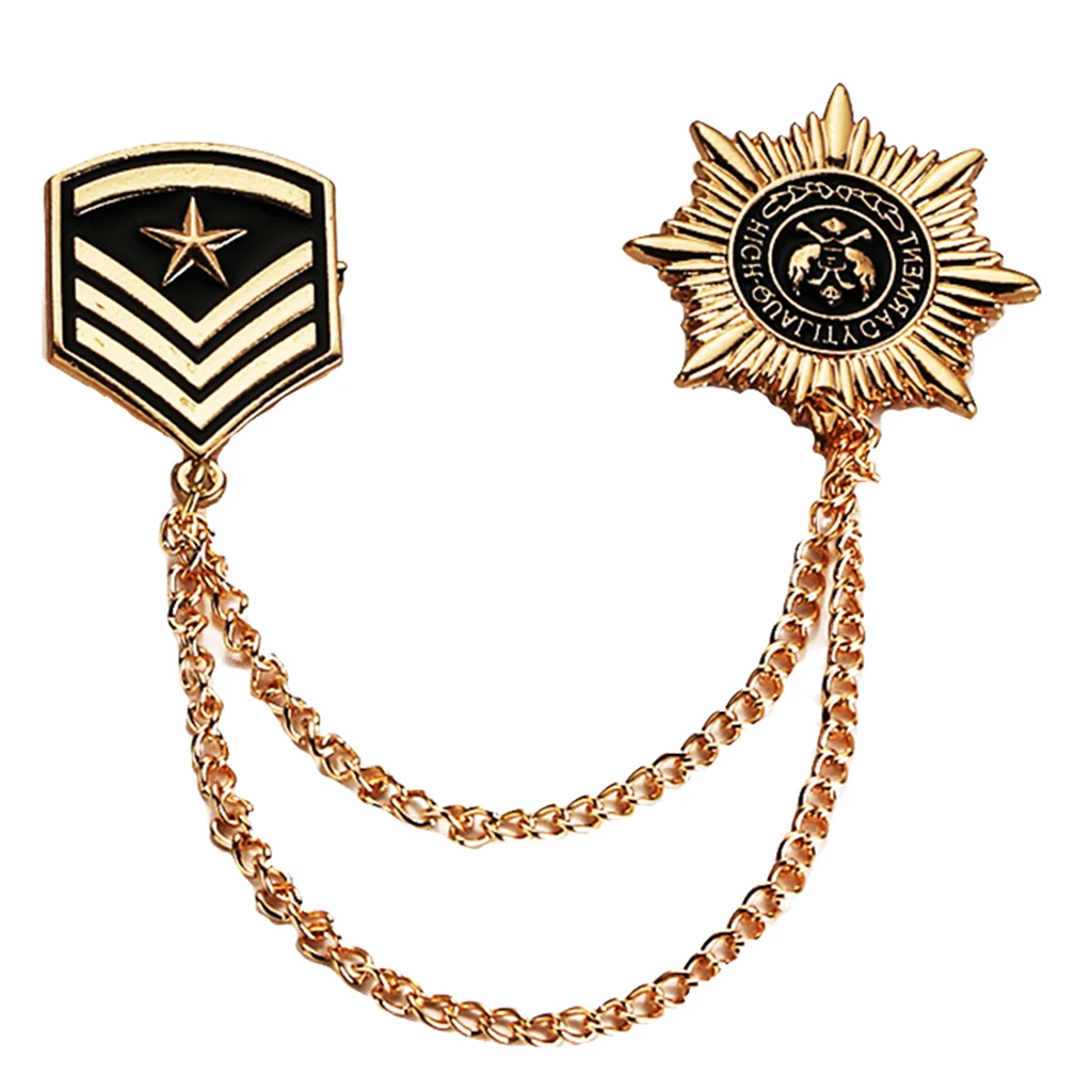 Vintage Retro Gold Tassel Chain Brooch Pins Anise Star Shield Army Medal Ornaments for collars hats handbags clothes suits