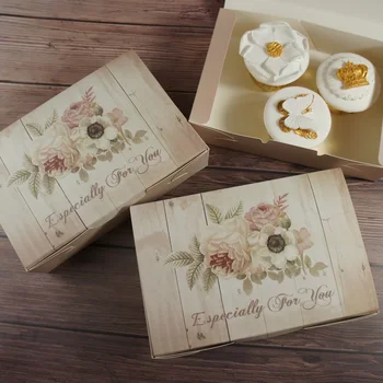 

Retro 21*14*5cm 10pcs wood flower Paper Box Macaron Chocolate cookie wedding favor Christmas Birthday Party Gift Packaging