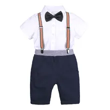 Best Price Formal Kids Clothes Set Cotton Toddler Boy Clothes Suit Short Sleeve Bow Tie Shirt+Straps Shorts Summer Children Clothing