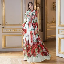 XF S~ 5XL летнее модное дизайнерское подиумное женское богемное платье с длинными рукавами и принтом розы длинное платье