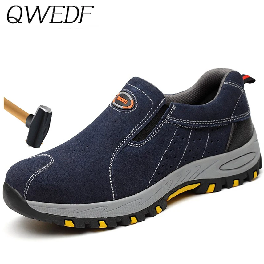 QWEDF Plus Size Men's Breathable Outdoor Cow Suede Steel Toe Work Boots Shoes Men Anti-slip Puncture Proof Safety Shoes B1-18