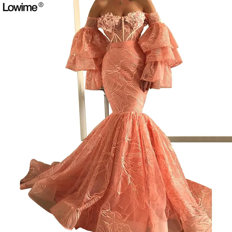 Lowine Custom Made Boat Neck Arabic Lace Evening Prom Dresses Ruffles Court Train Robe De Soiree Long Sleeves Avondjurk 2019
