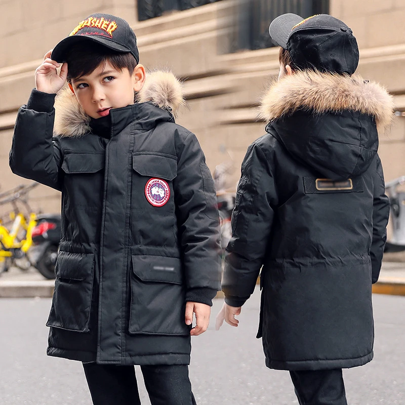 Duck Down Jacket Boy with Fur Hooded Winter Teen Boys Coat 6 8 10 12 14