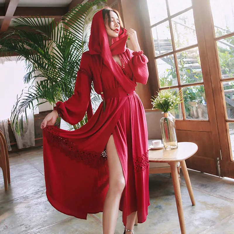 

YiLin Kay 2020 New Spring High Quality Runway Long Dress Women Elegant Red Long Sleeve Hollow Out Lace Patchwork Dress