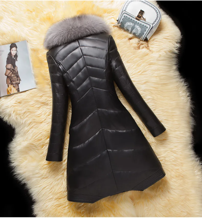 Эксклюзивная женская кожаная куртка большого размера, женская зимняя кожаная куртка средней длины, толстое пальто с воротником из искусственного лисьего меха
