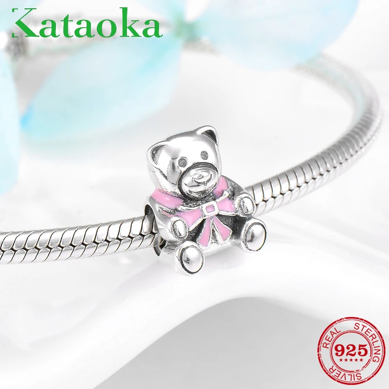 

Fashion pink Bow tie lovely bear 925 Sterling Silver fine Bead Fit Original Pandora Charm Bracelet Jewelry making 2018
