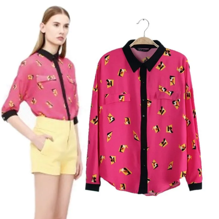 

New Print Geometric Vintage Shirt Tops Fashion Blouse Shirts Bright WF-4528 Free Shipping