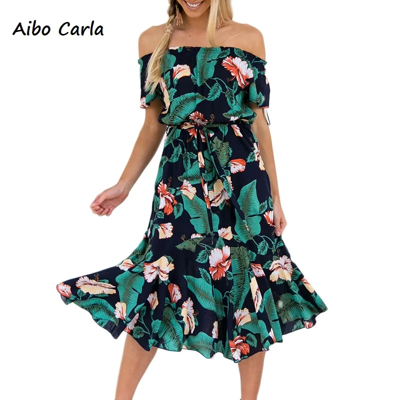 Women Boho Floral Print Off Shoulder Swing Summer Beach Party Dress Sundresses Female 2018 | Женская одежда