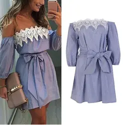 2018 Лето Boho синий полосатый Для женщин пикантные с открытыми плечами платье с бантом облегающее вечернее пляжное платье короткие платья с