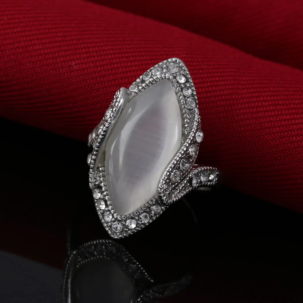 Модное богемное винтажное серебряное покрытое белым кристаллом большое овальное кольцо с опалом для женщин, подарок, ювелирное изделие
