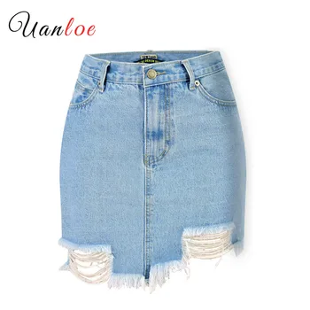 

Summer Women Sexy Denim Mini Skirt Lady High Waist Pencil Short Skirts Bodycon Hole Skirts Womens 2019 Harajuku Plus Size