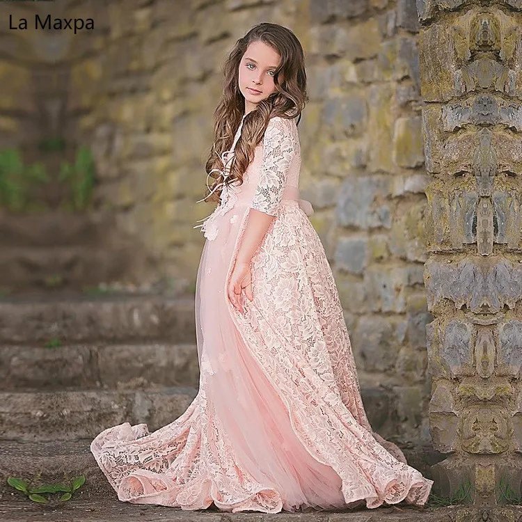 

Spring Children's Birthday Gifts Long Sleeves Pink Flowers Lace Long Dress Girls Dance Party Piano Host Show Princess Dresses
