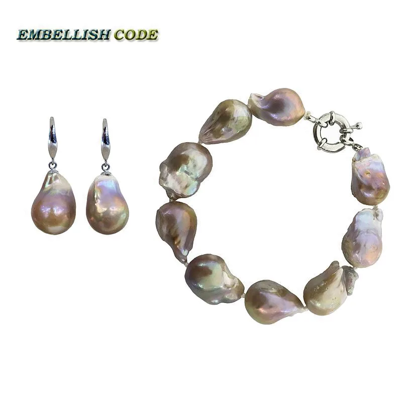 

NEW baroque bracelet hook dangle earrings set large size purple golden color nucleated flameball shape pearl jewelry for women