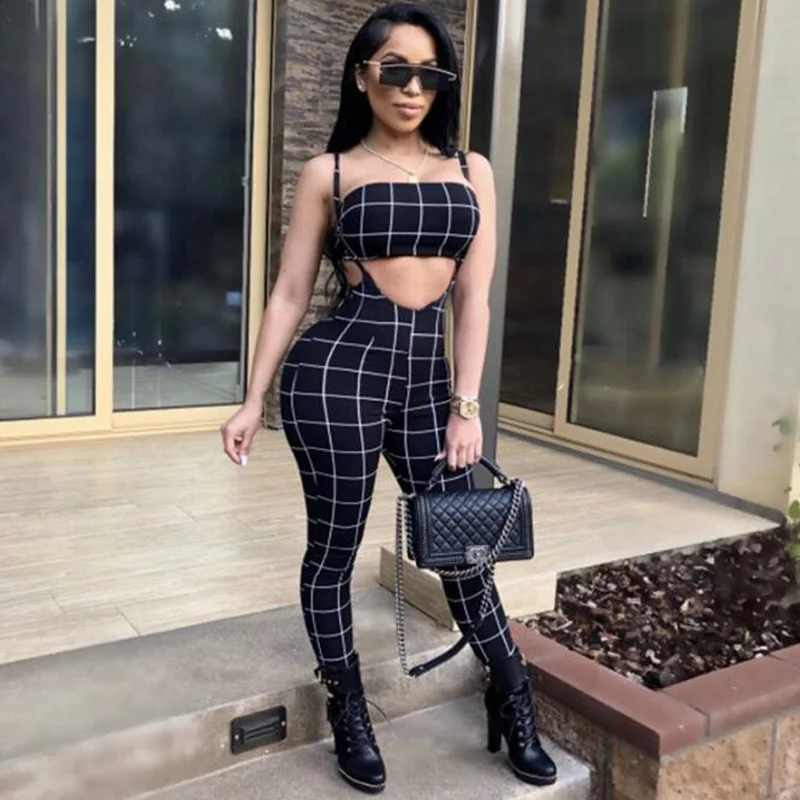 

Sexy Jumpsuits Plaid One Piece Pants + Tank Top Summer Overalls Casual Slim Off Shoulder Backless Rompers Womens Slim Jumpsuit