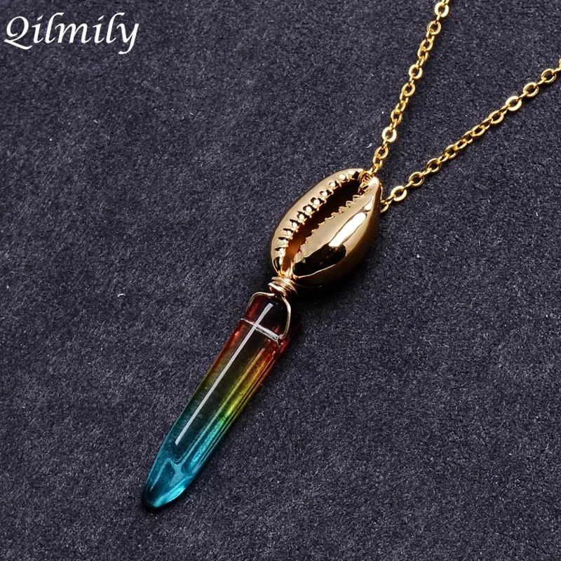 

Qilmily 7Chakra Natural Stone Crystal Shell Pendant Necklace for Women Strip Winding Glass Sweater Chain Jewelry Gifts Souvenirs