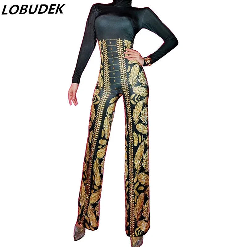 

Flare Trousers Crystals Jumpsuit Golden Black Crystals Bodysuit Bar Singer Stage Costume Star Birthday Party Performance Outfits