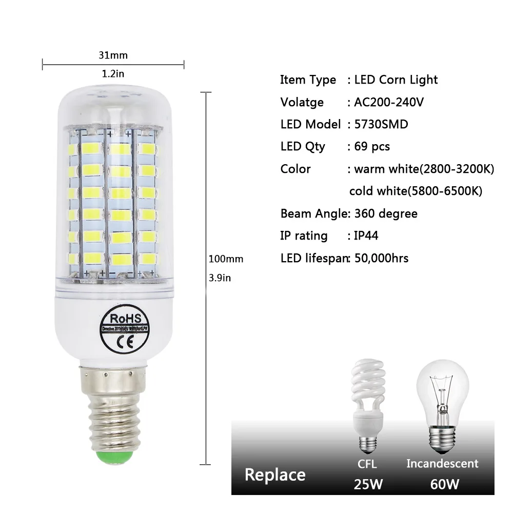 Светодиодный Светодиодная лампа-кукуруза E27 E14 Свеча светильник Bombillas 220V SMD 5730 домашняя декорационная лампа для Люстра-прожектор 12 24 36 48 56 69 светодиодный s