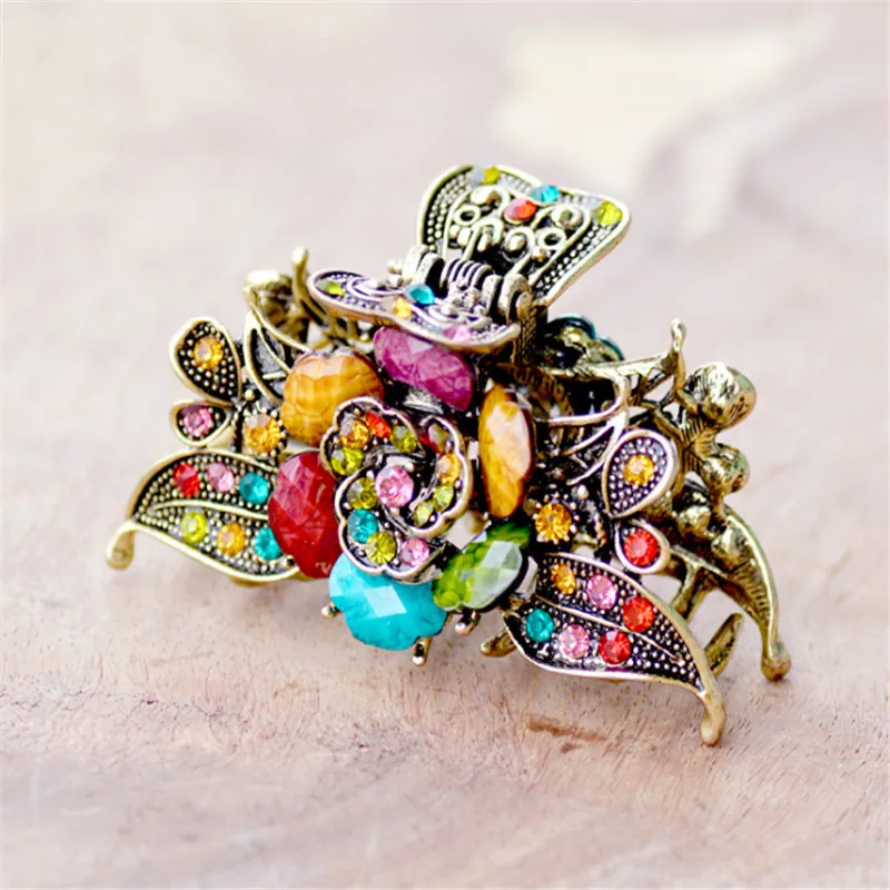 Fashion Women 5 Color Flowers Big Hair Claws Ancient Gold Alloy Rhinestone Resin Vintage Hairpin Wedding Hair Accessories Gifts - Окраска металла: multicolor