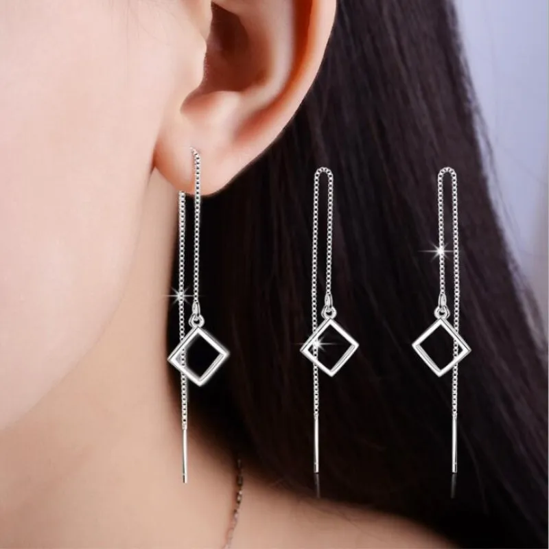 

High-quality Korean Fashion Silver Jewelry Personality Geometric Tassel Square Rhinestone Female Dangle Earrings SE258