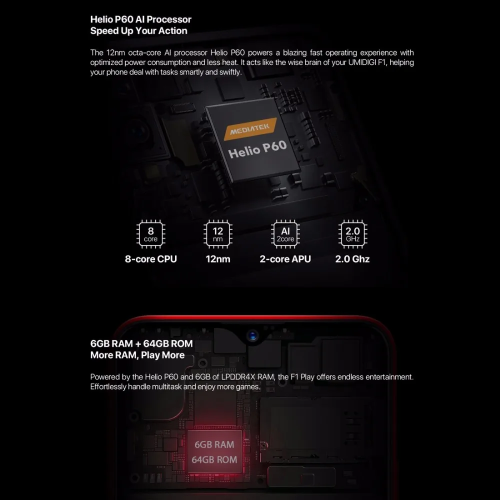 Смартфон UMIDIGI F1 Play Android 9 0 камеры 48 Мп + 8 16 МП 5150 мАч 6 ГБ ОЗУ 64 Гб ПЗУ 3 дюйма FHD Helio P60