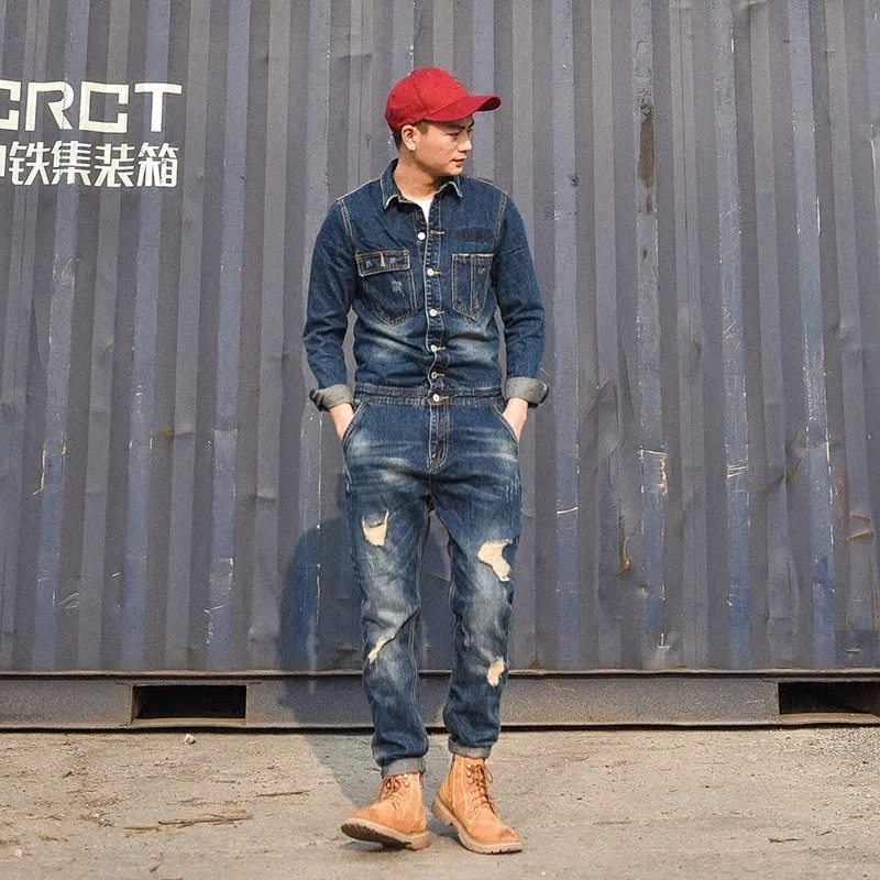 Дизайнерские модные мужские дырявые джинсовые комбинезоны винтажные синие джинсы для мужчин Harajuku Рабочая грузовая одежда длинная Повседневная Уличная