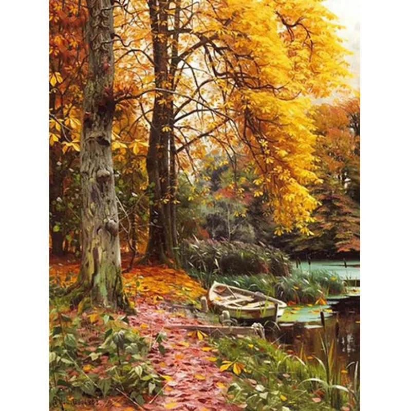 Diamond Painting Autumn Scenery Forest Tree and Lake Boat Embroidery Mosaic Full Square Rhinestones Nature Home Decor | Дом и сад