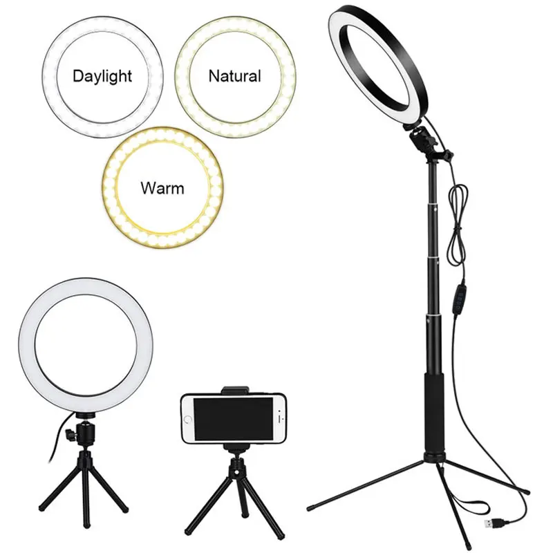 

LEDGLE LED Ring Dimmable Selfie Light USB Table Lamp with Tripod and Selfie Stick 3 Color Temperature Modes Reading Floor Lights