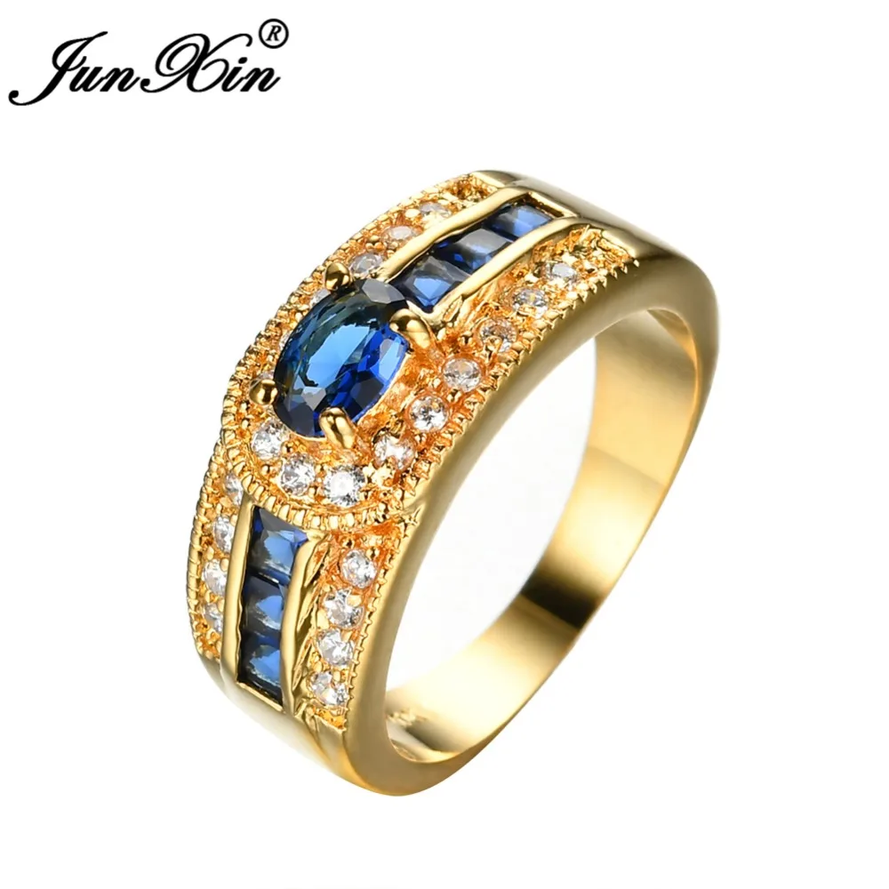 JUNXIN великолепное мужское женское кольцо с голубым геометрическим рисунком, модное ювелирное изделие из желтого золота, винтажные обручальные кольца для мужчин и женщин