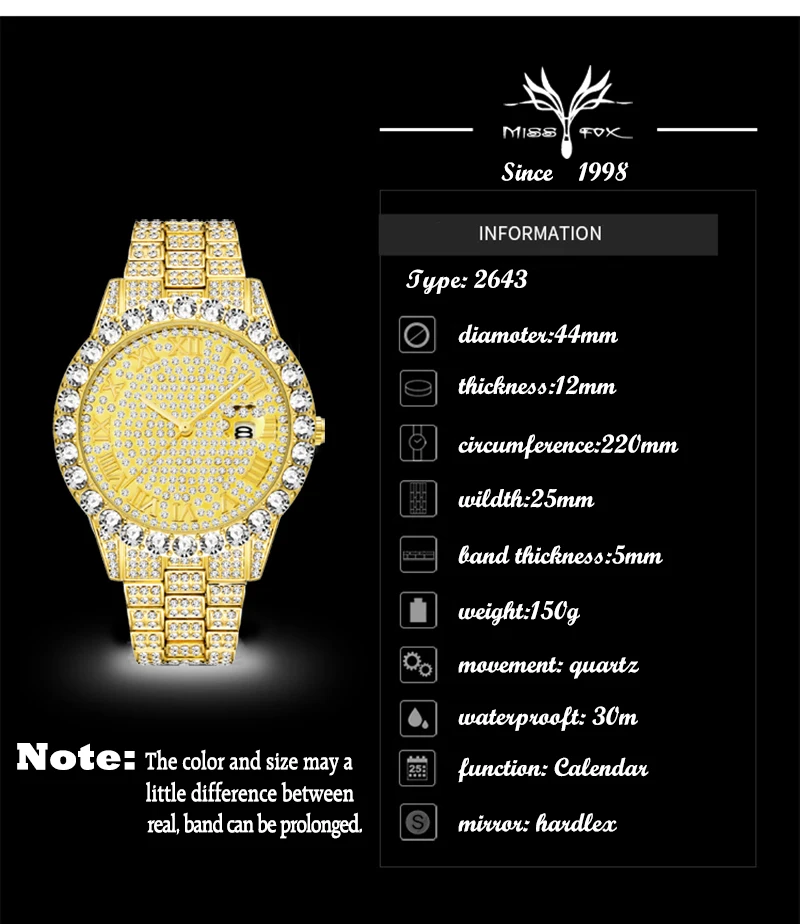 MISSFOX дропшиппинг часы мужские розовое золото с большим бриллиантом календарь Мужские часы лучший бренд класса люкс водонепроницаемые Iced Out часы горячая