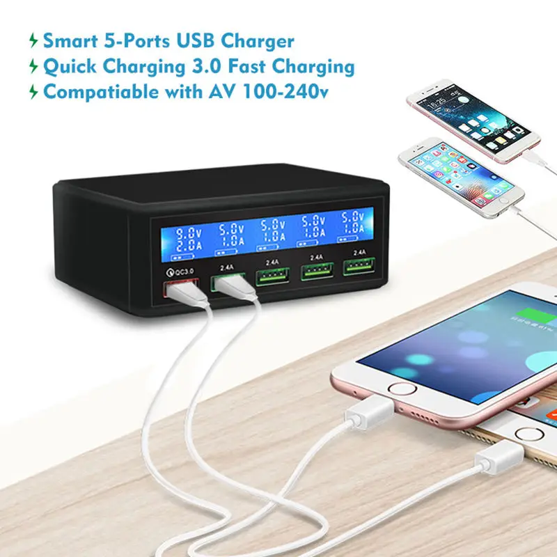 50W Quick Qc 3.0 Charge 5 Port Smart Lcd Usb Charger Adapter Station Fast Charger Wall(Eu Plug