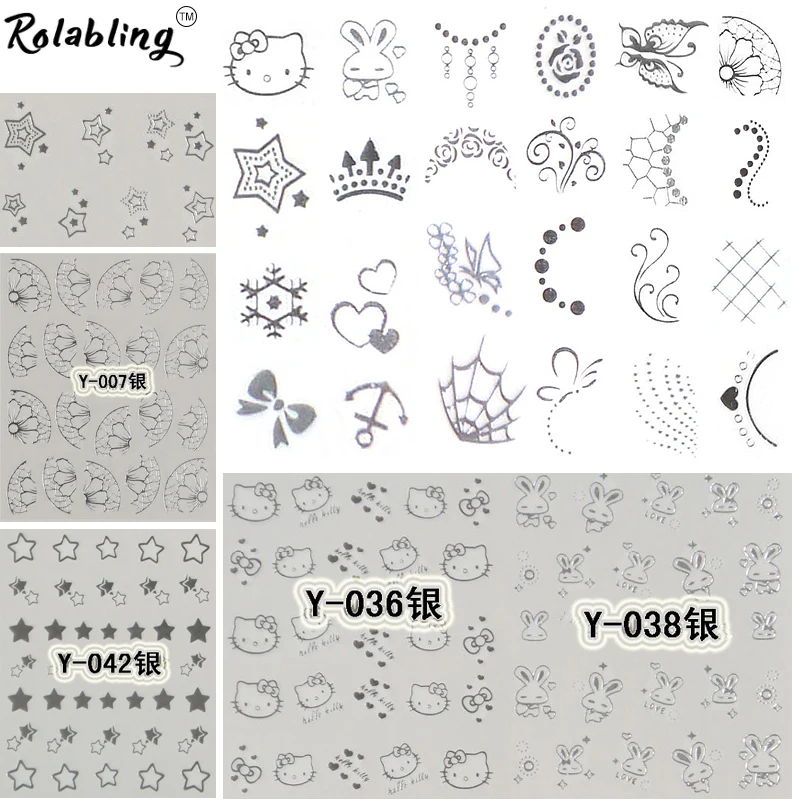 

Rolabling Silver Cat & Heart Design nail sticker Water Transfer Nail Art Sticker Decal Sticker On Nails Product for nail