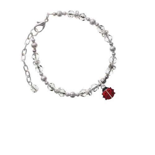 Silvertone Mini Red Translucent Ladybug Clear Beaded Bracelet
