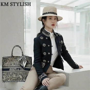 

2018 High quality New Product Court Retro Embroidery Horn Buckle Decoration Mandarin Collar Women Short Jacket