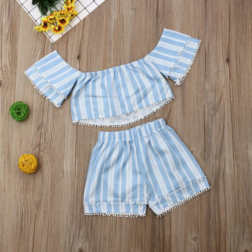 2Pcs Toddler Kid Baby Girl Summer Clothes Set Striped Off Shoulder Tassel Short Sleeve Tops Shorts Sunsuit 2Pcs Toddler Kid Baby Girl Summer Clothes Set Striped Off Shoulder Tassel Short Sleeve Tops Shorts Sunsuit