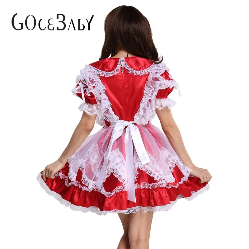 Сисси девушка красный атлас с замком платье принудительного FEM переодевание Косплэй костюм