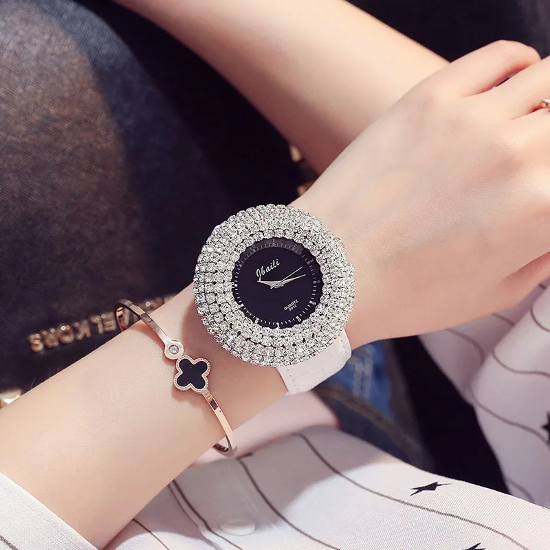 Женские часы-браслет, женские наручные часы, стразы, большой циферблат, Женские винтажные элегантные модные часы, часы для женщин - Цвет: Leather Band White