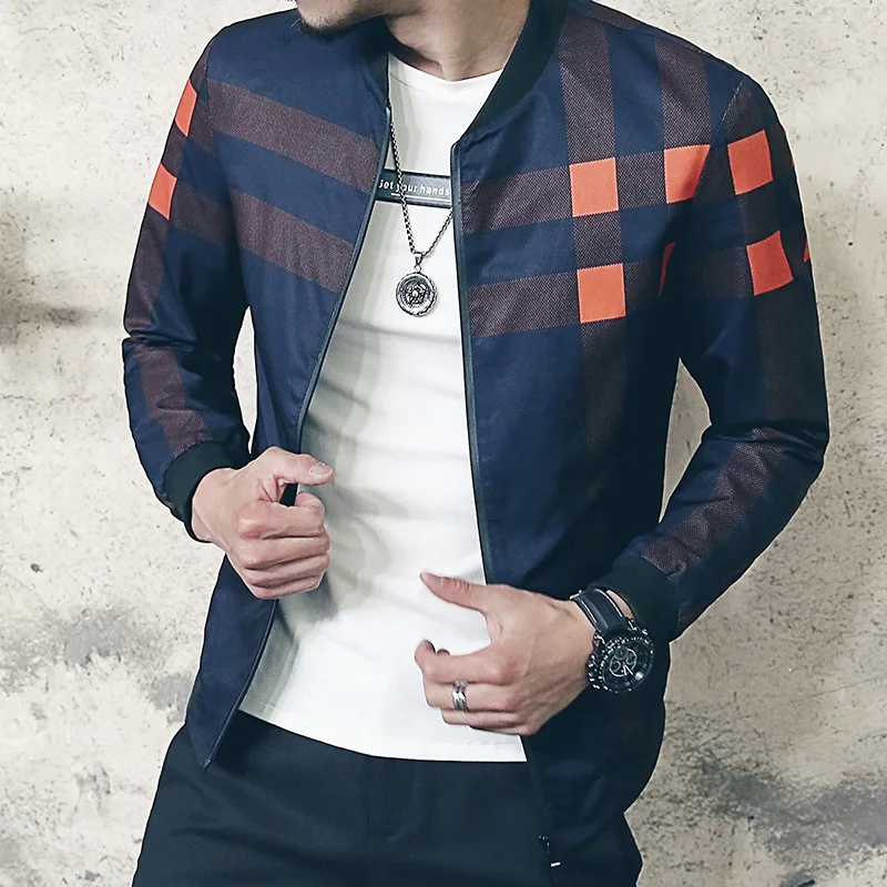 

Drop Shipping Men's Bomber Jacket Men Baseball Jacket Plaid Windbreaker Spring Active jaqueta masculinat Male 2019 new clothing